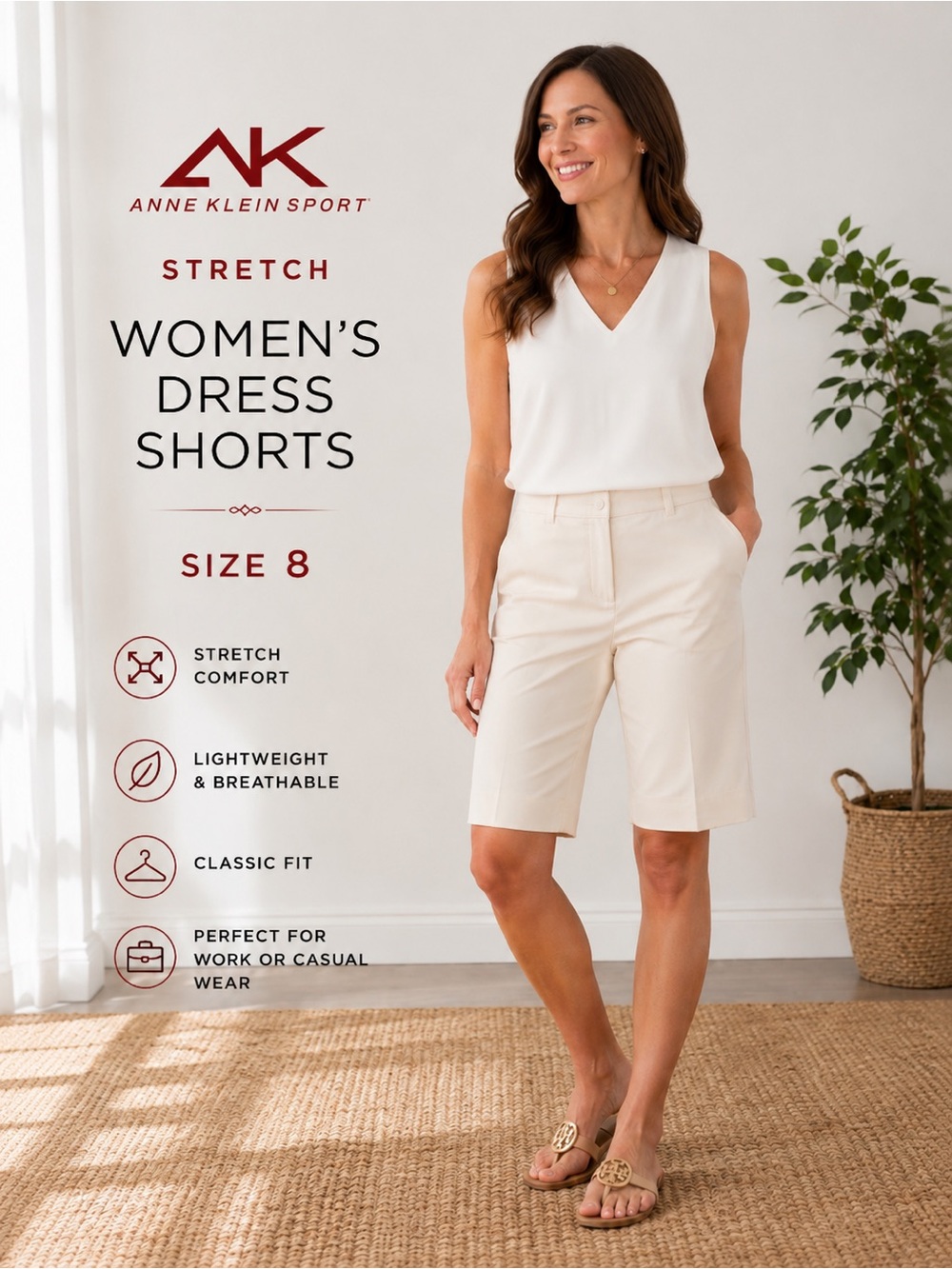 Anne Klein women’s Sport Stretch Bermuda Dress Shorts | Size 8 | White